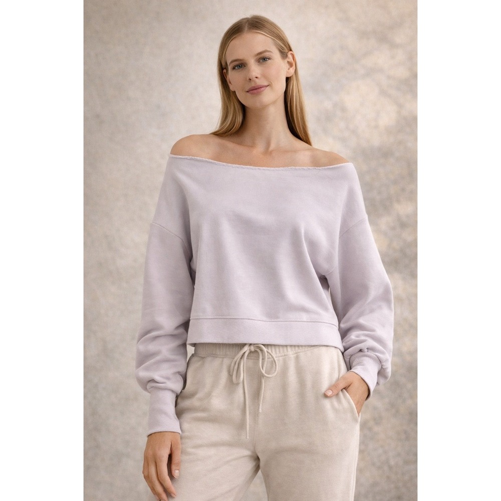 Blogilates Womens LargeOff Shoulder Cropped Sweatshirt Lavender Purple Thumbhole